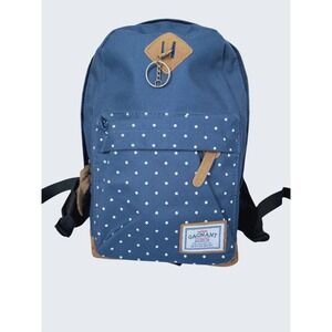 GAGANNT Polka Dot Canvas Backpack‎ Navy Blue Faux Leather Trim Daypack